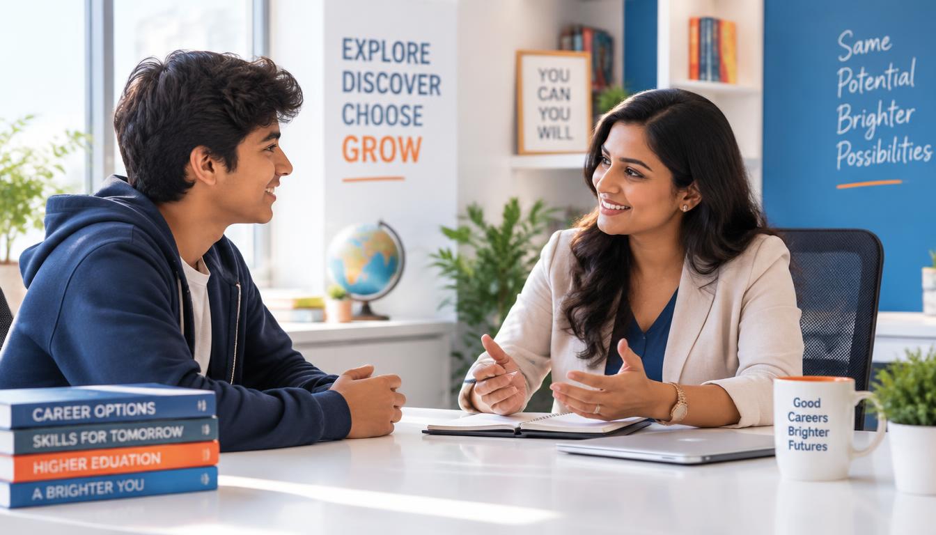 A happy career counsellor guiding a smiling student face to face